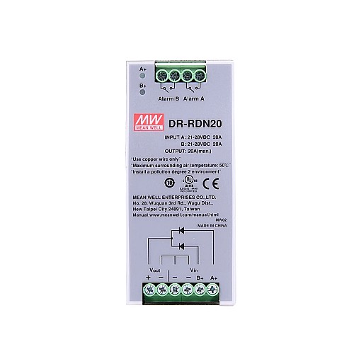 DR-RDN20 MEANWELL 24VDC 20A redundantiemodule DIN Rail voeding
