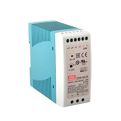 DRA-40-24 MEANWELL 40.8W 24VDC 1.7A 115/230VAC Single Output Switching Power Supply