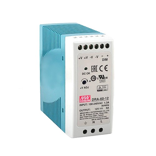 DRA-60-12 MEANWELL 60W 12VDC 5A 115/230VAC Single Output Switching Power Supply