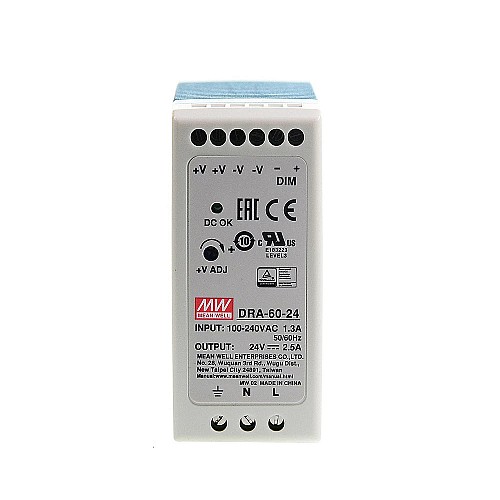 DRA-60-24 MEANWELL 60W 24VDC 2.5A 115/230VAC Single Output Switching Power Supply