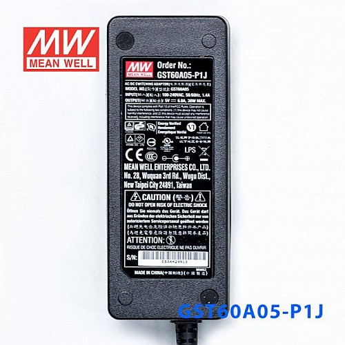 GST60A05-P1J MEANWELL 30W 5VDC 6A 115/230VAC AC-DC Reliable Green Industrial Adaptor