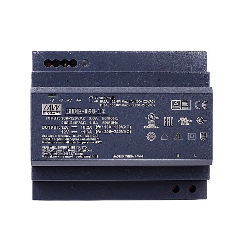 HDR-150-12 MEANWELL 12VDC 10.2A 122.4W 115VAC/11.3A 135.6 230VAC Ultra Slim Step Shape DIN Rail Power Supply