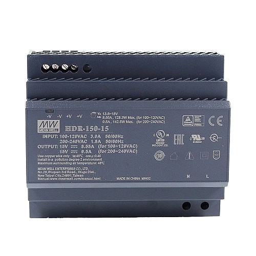 HDR-150-15 MEANWELL 15VDC 8,55A 128,3W 115VAC/9,5A 142,5W 230VAC Ultra Slim Step Shape DIN Rail voeding