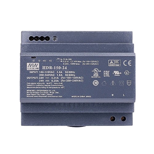 HDR-150-24 MEANWELL 24VDC 5,31A 127,4W 115VAC/6,25A 150W 230VAC Ultra Slim Step Shape DIN Rail voeding