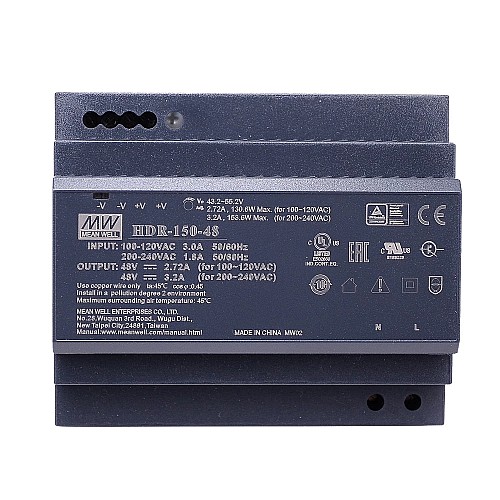 HDR-150-48 MEANWELL 48VDC 2,72A 130,6W 115VAC/3,2A 153,6W 230VAC Ultra Slim Step Shape DIN Rail voeding