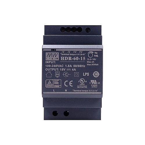 HDR-60-15 MEANWELL 60W 15VDC 4A 115/230VAC Ultra Slim Step Shape DIN Rail Power Supply