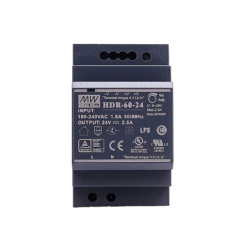 HDR-60-24 MEANWELL 60W 24VDC 2.5A 115/230VAC Ultra Slim Step Shape DIN Rail Power Supply