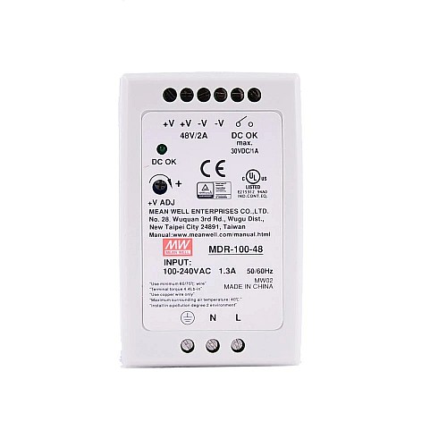 MDR-100-48 MEANWELL 96W 48VDC 2A 115/230VAC Single Output Industrial DIN Rail Power Supply