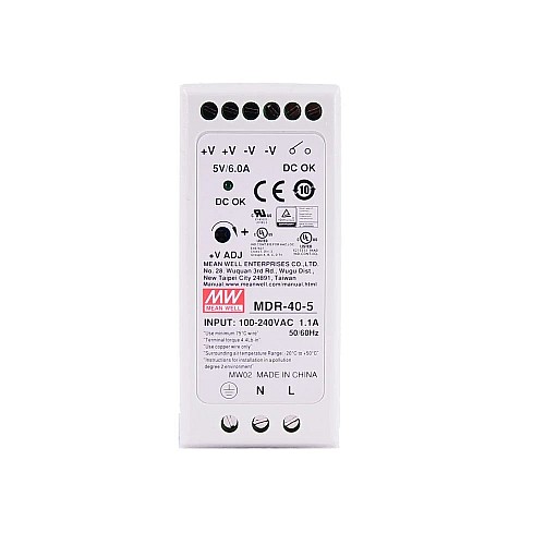MDR-40-5 MEANWELL 30W 5VDC 6A 115/230VAC Single Output Industrial DIN Rail Power Supply