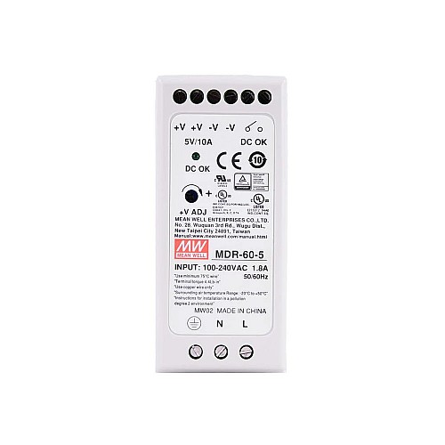 MDR-60-5 MEANWELL 60W 5VDC 10A 115/230VAC DIN Rail Power Supply