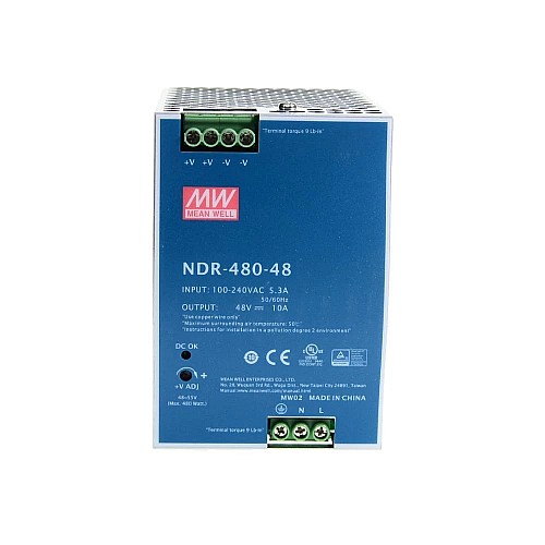 NDR-480-48 MEANWELL 480W 48VDC 10A 115/230VAC Single Output Industrial DIN RAIL