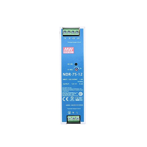NDR-75-12 MEANWELL 75.6W 12VDC 6.3A 115/230VAC Single Output Industrial DIN RAIL