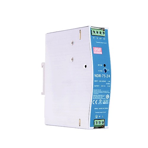 NDR-75-24 MEANWELL 76.8W 24VDC 3.2A 115/230VAC Single Output Industrial DIN RAIL