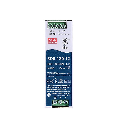 SDR-120-12 MEANWELL 120W 12VDC 10A 115/230VAC Salida única Industrial DIN RAIL con función PFC