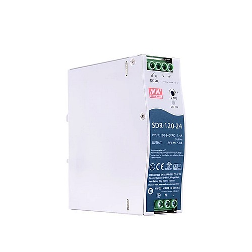 SDR-120-24 MEANWELL 120W 24VDC 5A 115/230VAC con funzione PFC Alimentatore su guida DIN