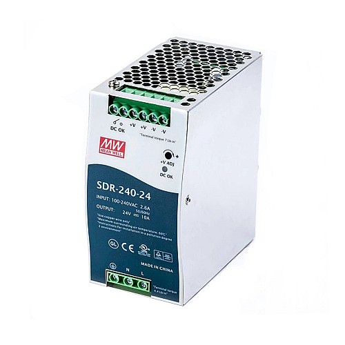 SDR-240-24 MEANWELL 240W 24VDC 10A 115/230VAC con funzione PFC Alimentatore su guida DIN