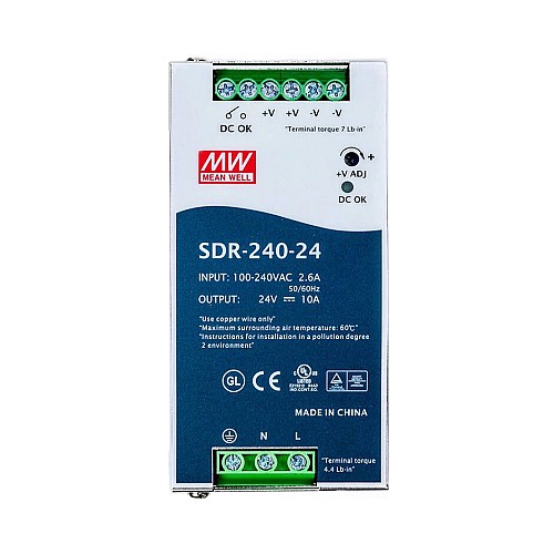SDR-240-24 MEANWELL 240W 24VDC 10A 115/230VAC con funzione PFC Alimentatore su guida DIN