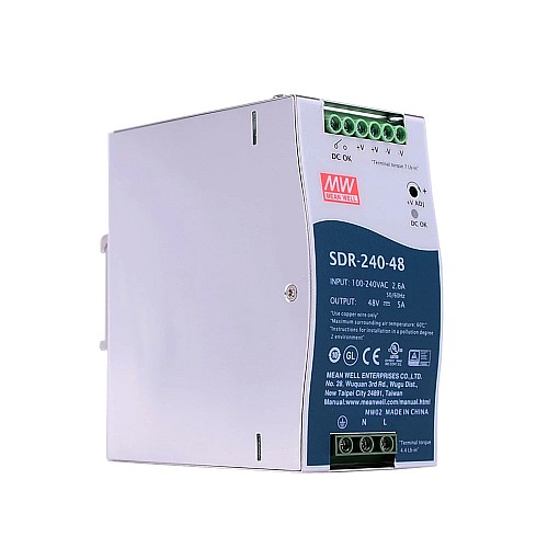 SDR-240-48 MEANWELL 240W 48VDC 5A 115/230VAC Single Output Industrial DIN RAILWith PFC Function