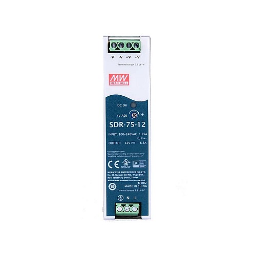 SDR-75-12 MEANWELL 75,6W 12VDC 6,3A 115/230VAC DIN Rail-voeding