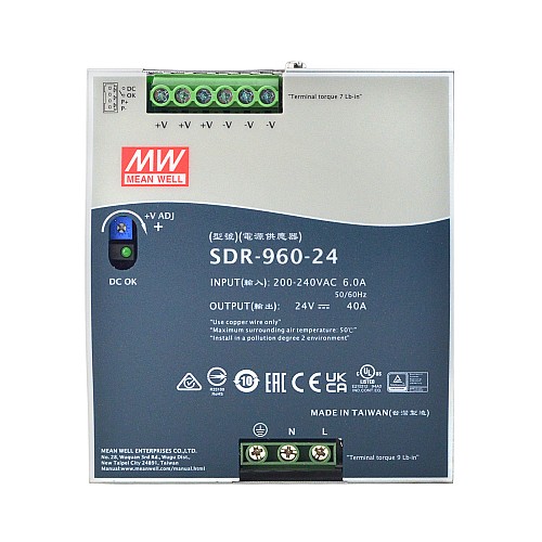 SDR-960-24 MEANWELL 960W 24VDC 40A 230VAC con alimentatore per guida DIN con funzione PFC