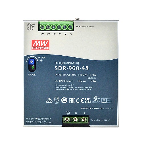 SDR-960-48 MEANWELL 960W 48VDC 20A 230VAC con alimentatore per guida DIN con funzione PFC