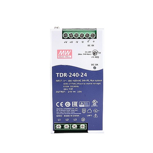 TDR-240-24 MEANWELL 240W 24VDC 10A 400/500VAC Rail DIN industriel triphasé fin avec fonction PFC