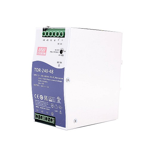 TDR-240-48 MEANWELL 240W 48VDC 5A 400/500VAC Slim Three Phase Industrial DIN RailWith PFC Function