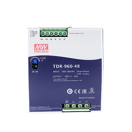 TDR-960-48 MEANWELL 960W 48VDC 20A 400/500VAC PFC 기능이 있는 슬림형 3상 산업용 DIN 레일