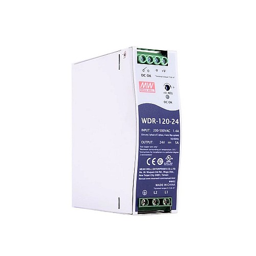 WDR-120-24 MEANWELL 120W 24VDC 5A 180~550VAC DIN Rail Power Supply