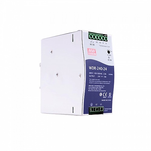 WDR-240-24 MEANWELL 240W 24VDC 10A 230/400VAC Ultrabrede Ingang Industriële DIN Rail Voeding